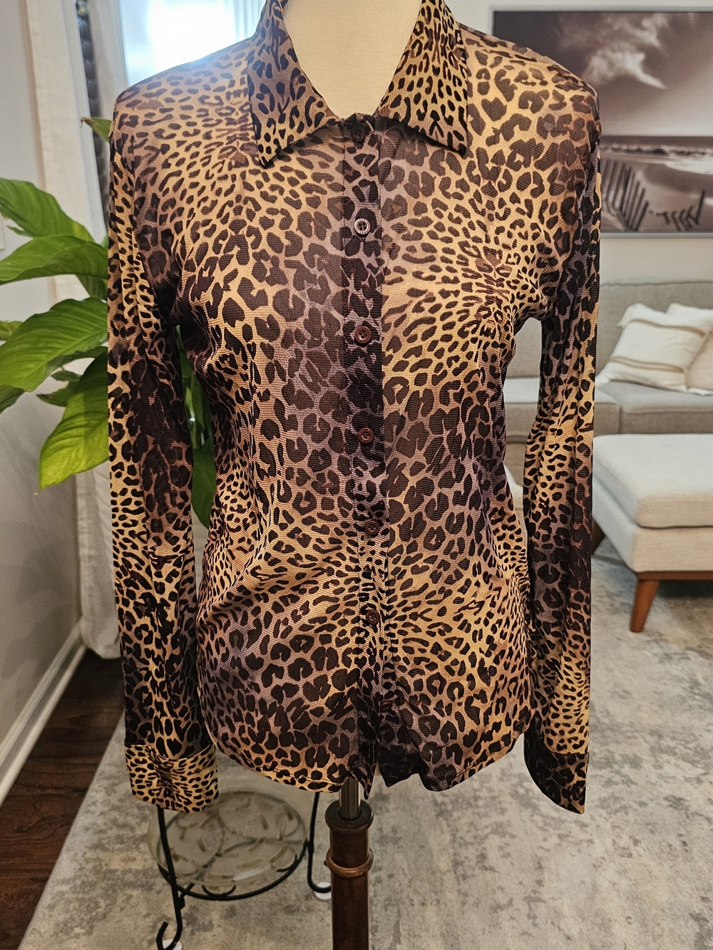 DKNY Leopard Print Button-Down Shirt in Brown and Black
